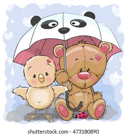 Cute Cartoon Bear and Chicken with umbrella