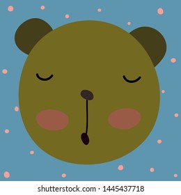 Cute cartoon bear. Childish  portrait of funny bear on the blue background with polka dots . Vector concept print for children.