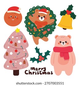 Oso lindo de la historieta con el elemento de las Navidades que dibuja el sistema de la etiqueta engomada
