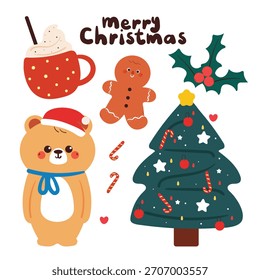 cute cartoon bear with Christmas element drawing sticker set