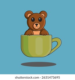 Cute Cartoon Bear in a Coffee Cup on Blue Background