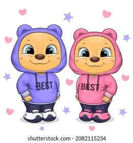 Cute cartoon bear couple in sweatshirts. Vector illustration of animals on a white background with hearts.
