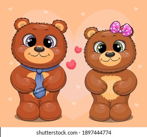 Cute cartoon bear couple. Vector illustration of animals on the background with hearts.