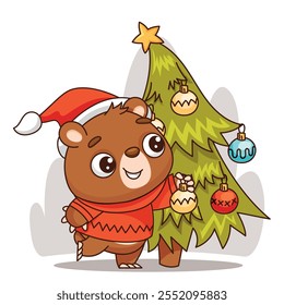 A cute cartoon bear in a cozy sweater and Santa hat decorates a Christmas tree with colorful ornaments