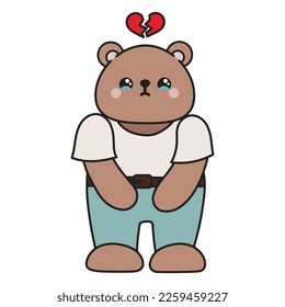 Cute cartoon bear is crying. with a broken heart