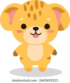 A cute cartoon bear cub with golden fur, brown spots, pink cheeks, and a small pink tongue sticking out, standing upright.
