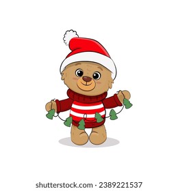 Cute cartoon bear cub isolated on white background. Christmas card with teddy bear. Vector illustration