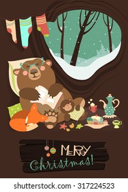 Cute cartoon bear with cub and little fox sleeping in the winter in his den. Vector greeting card