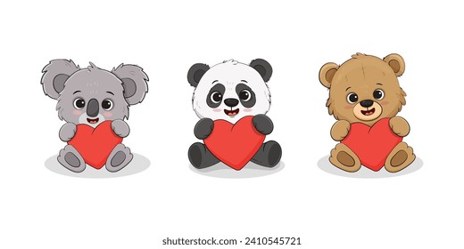 Cute cartoon bear cub, panda,koala, teddy bear with a hearts for your disign. Valentine's day card. Vector illustration