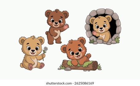 Filhotes de Urso de Desenho Animado Bonitos em Várias Poses - Conjunto de Animais Vetoriais para Crianças