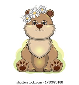 Cute cartoon bear with a daisy wreath