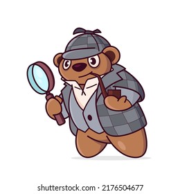 Cute cartoon bear. Detective with a magnifying glass in his hand examines the crime scene