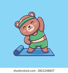 Cute Cartoon Bear Doing Yoga Exercise on Mat Vector Illustration