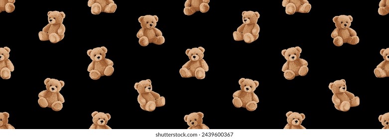 Lindo fondo de muñeca de oso de dibujos animados para bebés y niños. Juguetes peluches suaves y esponjosos patrón sin fisuras. Pequeños osos de peluche ilustraciones vectoriales en estilo de moda. Colores beige y marrón.