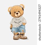 cute cartoon bear doll in headphone and ripped blue jeans vector illustration 