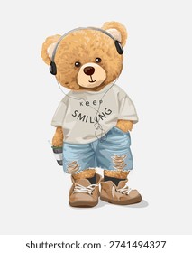 cute cartoon bear doll in headphone and ripped blue jeans vector illustration 