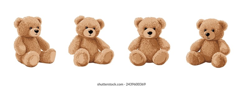 Cute cartoon bear doll set for babies and children. Fluffy soft stuffed toys. Little teddy bears vector illustrations in trendy style isolated on white background. Beige and brown colors.