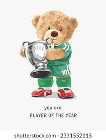 cute cartoon bear doll soccer player holding trophy vector illustration