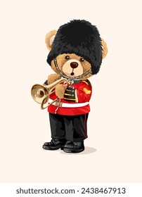 cute cartoon bear doll trumpet player in military parade uniform hand drawn vector illustration