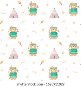 Cute cartoon bear dressed as an american Indian. Colorful illustration with wigwam, feather, bow and arrows. Children seamless pattern on white background. Vector isolated for kids design.
