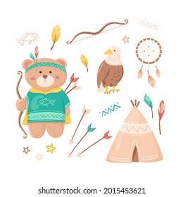 Cute cartoon bear dressed as an american Indian, eagle, wigwam, feather, bow and arrows, dreamcatcher and ethnic patterns. Vector isolated set for kids, stickers, posters, cards. Children elements