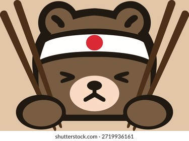 Cute cartoon bear dressed as a sushi chef holding chopsticks, illustrated in a flat vector style. Playful kawaii character design suitable for food branding, children’s products, apparel, stickers, and restaurant graphics.