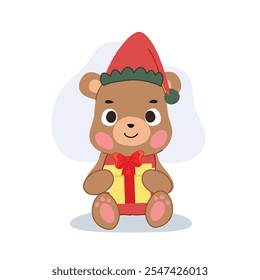 a cute cartoon bear dressed in winter clothing, holding a colorful gift box, celebrating the festive spirit of christmas