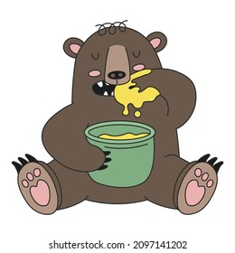 Cute cartoon bear eating honey with closed eyes. A funny brown bear has a lunch. Vector clip art illustration in 2D. Hand-drawn simple style.