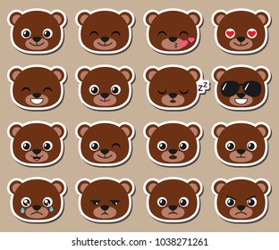 Cute cartoon bear emoji. Vector set of different emotions stickers