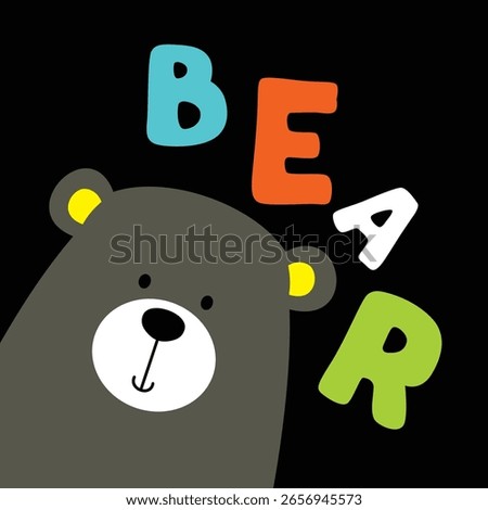 Cute cartoon bear face with colorful bold letters on dark background for children’s design. Animal concept
