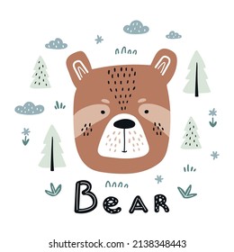 Cute cartoon bear face with forest elements. Hand-drawn vector illustration in Scandinavian style. Children's print for the nursery, children's clothing, poster, postcard.