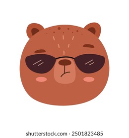 Cute cartoon bear face, isolated cool grizzly mascot icon, emoji label design. Vector teddy wearing sunglasses. Emoticon, logo or sticker of animal with furry coat and cute muzzle expression