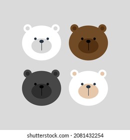 Cute cartoon bear face set, mascot icon. Teddy bear. Simple flat vector illustration.