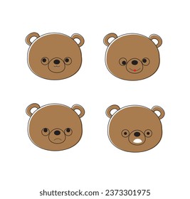 Cara de oso de dibujos animados con diversas emociones sobre fondo blanco, ilustración vectorial. Icono de mascota, diseño de emoticones. 