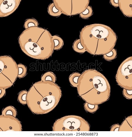 Cute cartoon bear faces seamless pattern on a black background suitable for children textiles and stationery