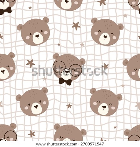 Cute Cartoon Bear Faces Seamless Pattern for Kids Nursery Decor. Perfect for baby fabrics, wallpapers, and nursery decor.
