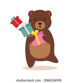Cute cartoon bear with falling gifts