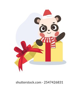 Cute cartoon bear in a festive Christmas gift box, dressed in a winter theme. Perfect for holiday and Christmas