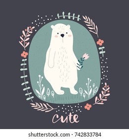 Cute cartoon bear in floral wreath. Childish hand drawn print for nursery, kids apparel,poster, postcard. Vector Illustration