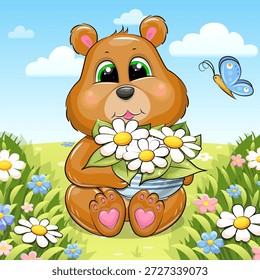 Urso de desenho animado bonito com vaso de flores e borboleta no prado. Ilustração vetor primavera de animal e natureza.
