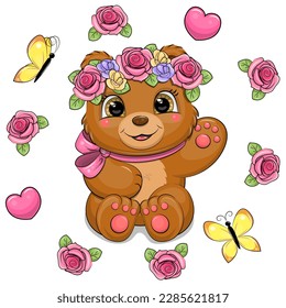 A cute cartoon bear with a flower wreath and a pink bow surrounded by a rose frame. Spring animal vector illustration with hearts, flowers and butterflies on a white background.