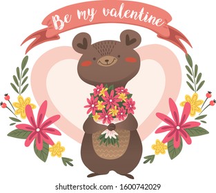 Cute cartoon bear with flowers. Be my valentine gift card. Vector illustration.