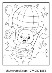 Cute Cartoon Bear Flying in a Hot Air Balloon Coloring Page for Kids. Bold and Easy Children's Character Line Art.