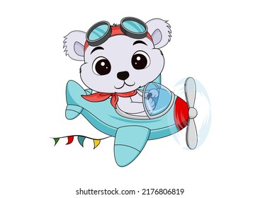 Cute cartoon bear flying on a plane isolated on white background