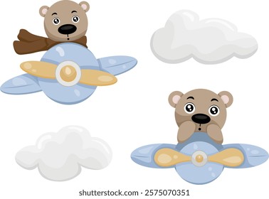 Cute cartoon bear flying on an airplane. Vector clipart, illustration with isolated background.