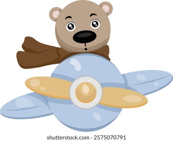 Cute cartoon bear flying on an airplane. Vector clipart, illustration with isolated background.