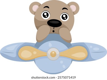 Cute cartoon bear flying on an airplane. Vector clipart, illustration with isolated background.