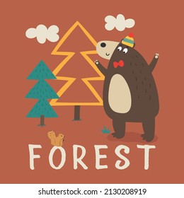 cute cartoon bear with forest back ground in vector