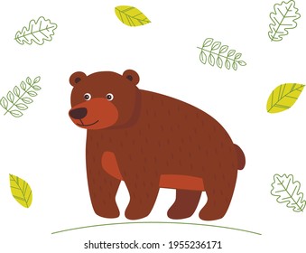 Cute cartoon bear in the forest on a white background. Element for print, postcard, and decor. Vector illustration