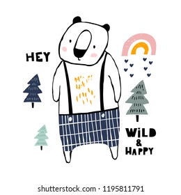 Cute cartoon bear in forest print. Childish print for nursery, kids apparel,poster, postcard. Vector Illustration